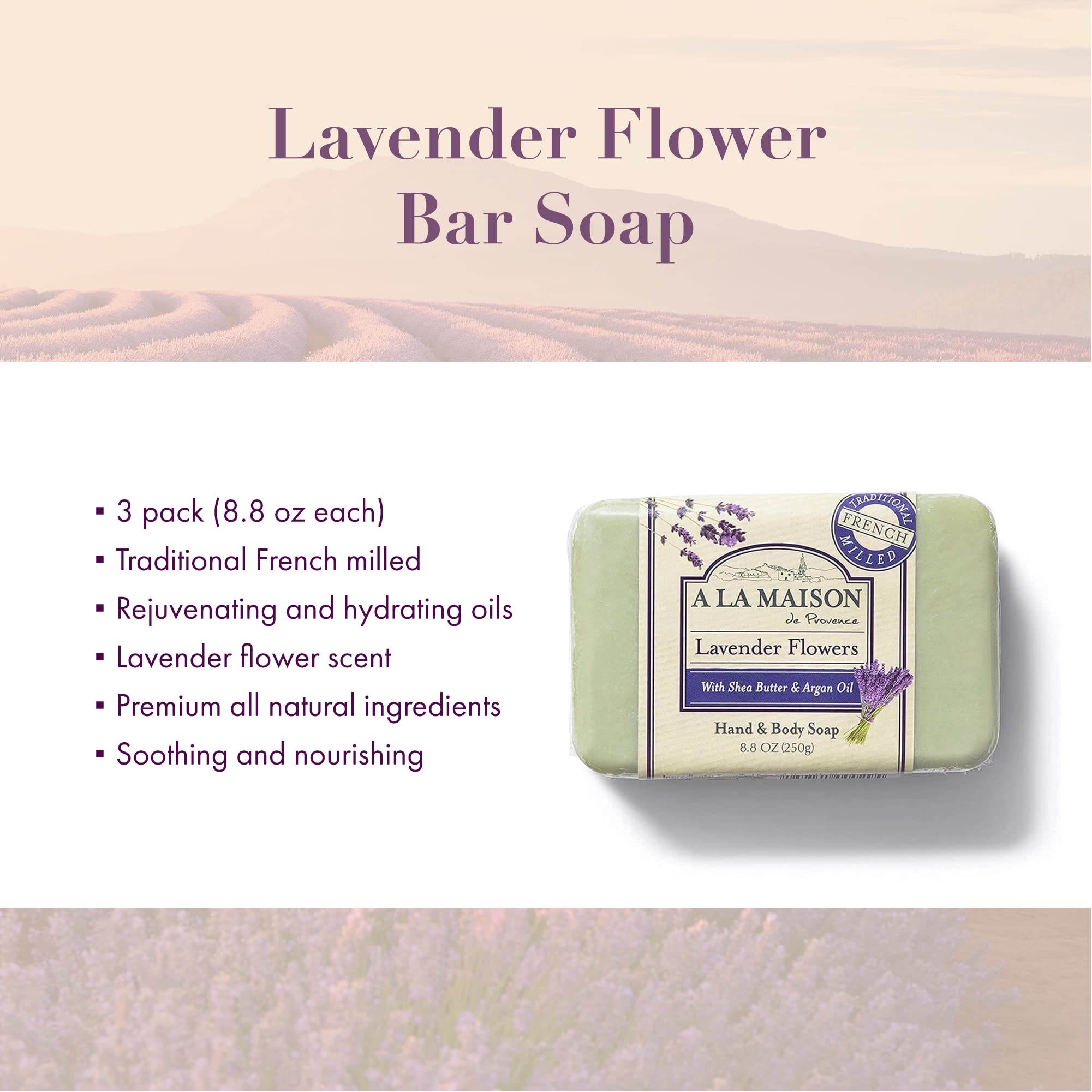 A LA MAISON Lavender Flower Bar Soap in use under running water with creamy lather rinse
