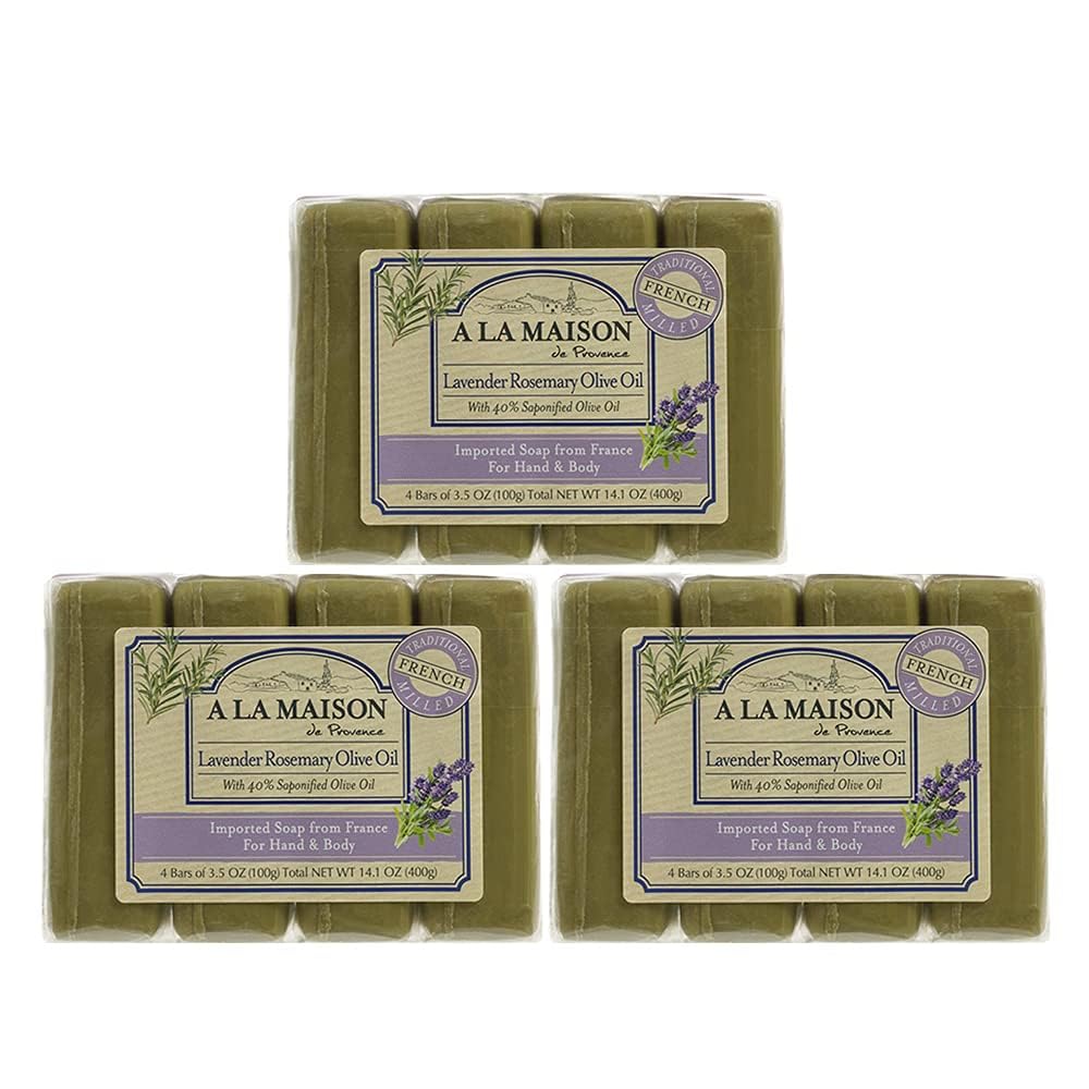 A LA MAISON Lavender Rosemary Olive Oil Bar Soap pack of 12 for daily cleansing.