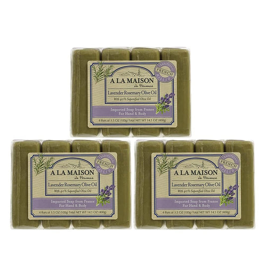 A LA MAISON Lavender Rosemary Olive Oil Bar Soap pack of 12 for daily cleansing.
