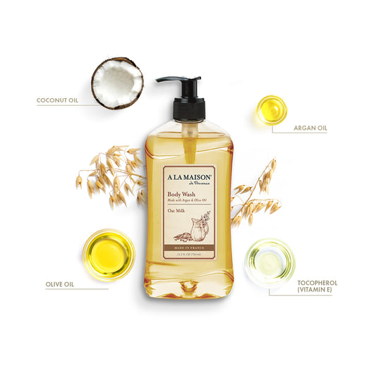 A LA MAISON Oat Milk Body Wash pump dispenser highlights easy, mess-free dosing.