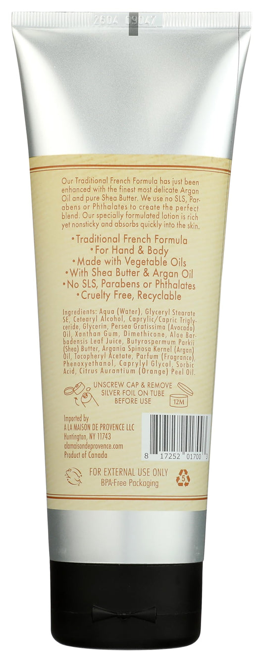 A La Maison orange bergamot body lotion texture close-up shows creamy absorption.