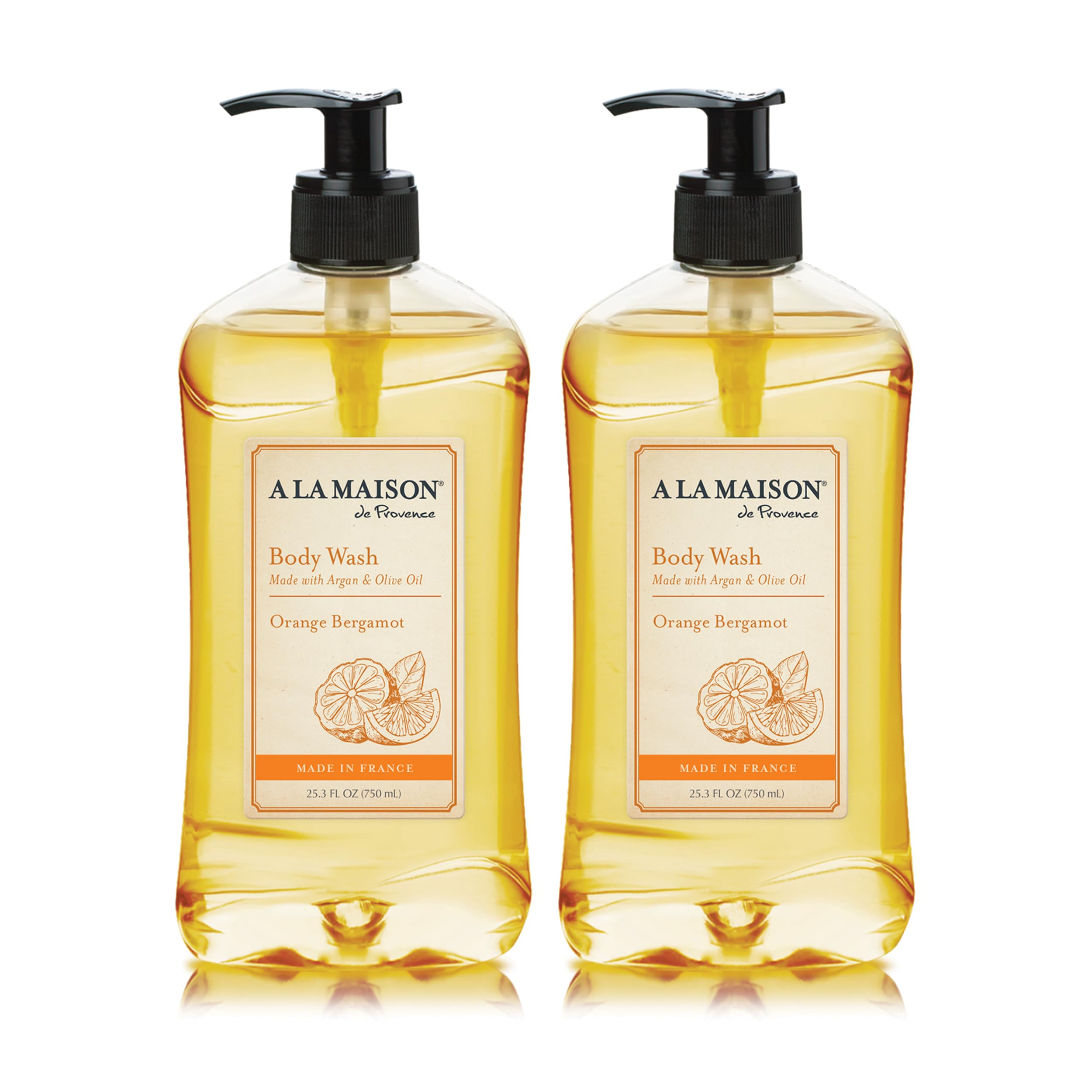 A La Maison Orange Bergamot Body Wash bottle highlights a citrus aroma for a refreshing cleanse.
