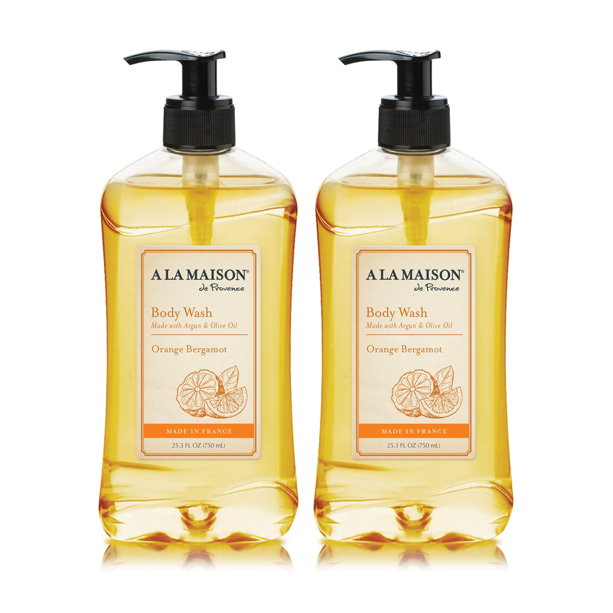 A La Maison Orange Bergamot Body Wash bottle highlights a citrus aroma for a refreshing cleanse.