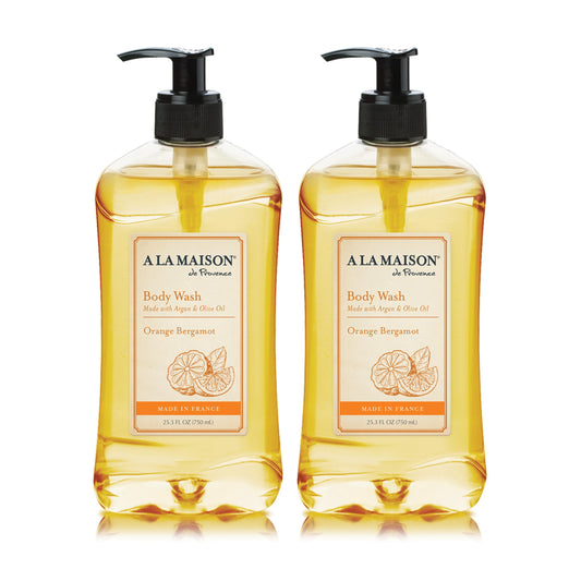 A La Maison Orange Bergamot Body Wash bottle highlights a citrus aroma for a refreshing cleanse.