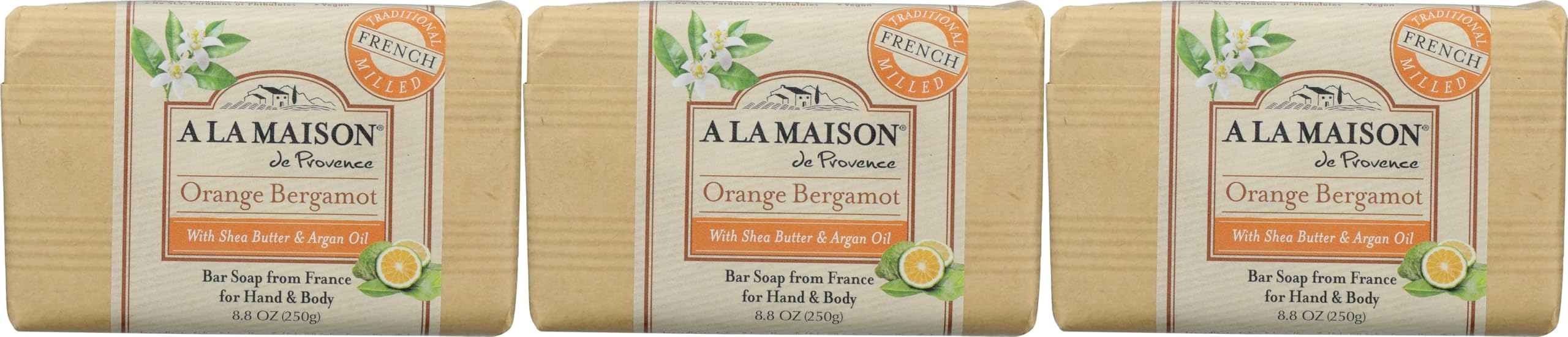 A LA MAISON orange bergamot triple milled bar soap for silky, gentle hand cleansing.
