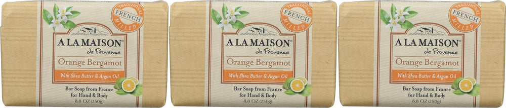 A LA MAISON orange bergamot triple milled bar soap for silky, gentle hand cleansing.