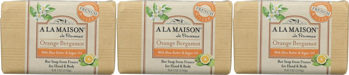 A LA MAISON orange bergamot triple milled bar soap for silky, gentle hand cleansing.