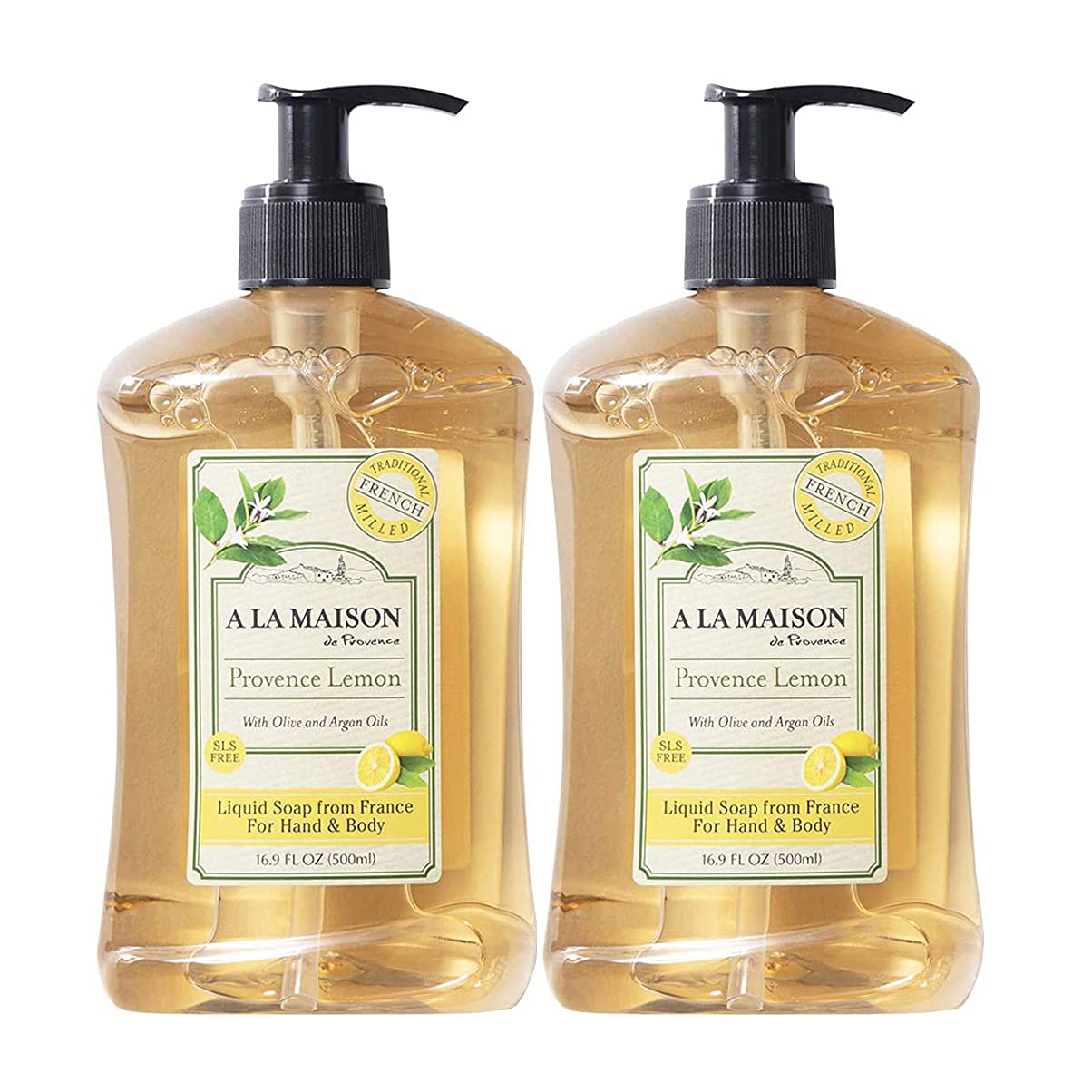 A La Maison Provence Lemon Hand Soap bottle with nourishing, non-drying lather.