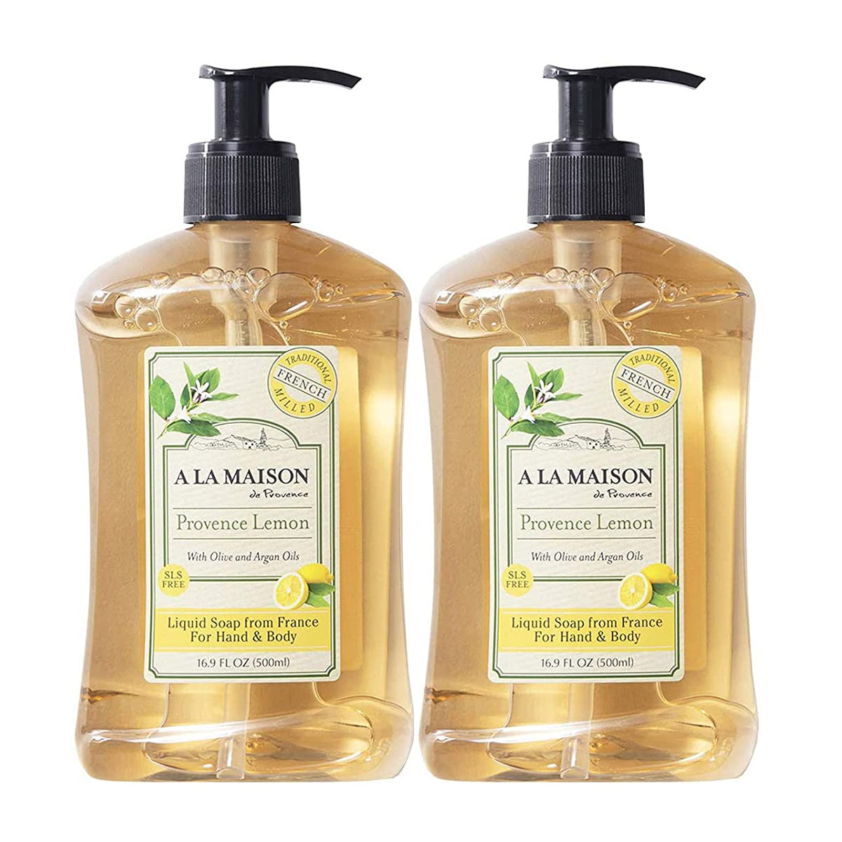 A La Maison Provence Lemon Hand Soap bottle with nourishing, non-drying lather.