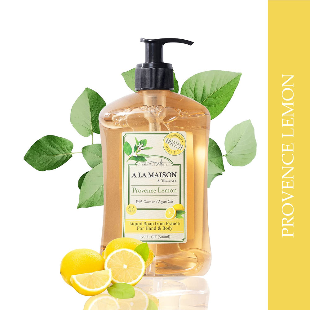 Pour shot of Provence Lemon Hand Soap forming gentle foam for hands.