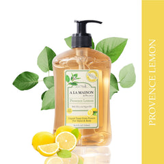 Pour shot of Provence Lemon Hand Soap forming gentle foam for hands.
