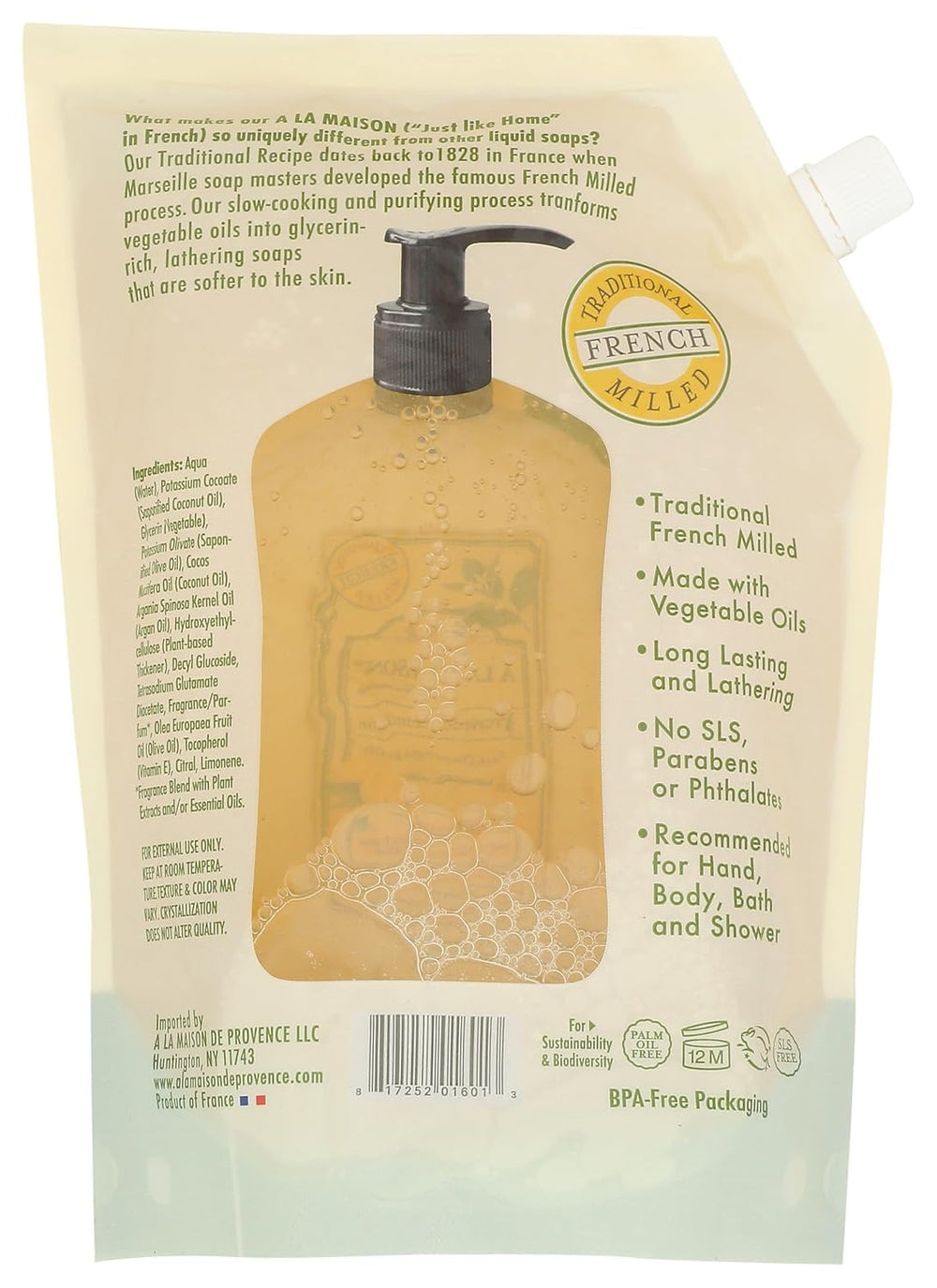 A La Maison Provence Lemon refill pouch back view highlighting recyclable packaging.