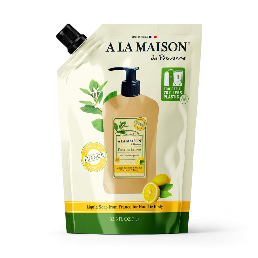 A La Maison Provence Lemon refill pouch front view, eco-friendly packaging for everyday hand washing.