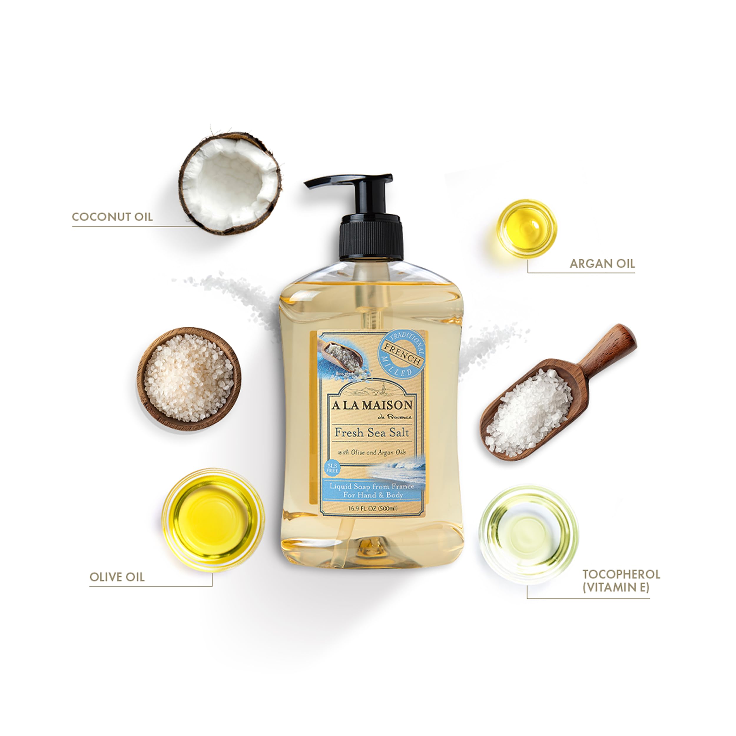 Back label on A LA MAISON Provence sea salt bottle highlights vegan, cruelty-free ingredients.