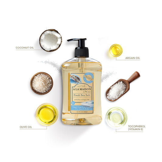 Back label on A LA MAISON Provence sea salt bottle highlights vegan, cruelty-free ingredients.