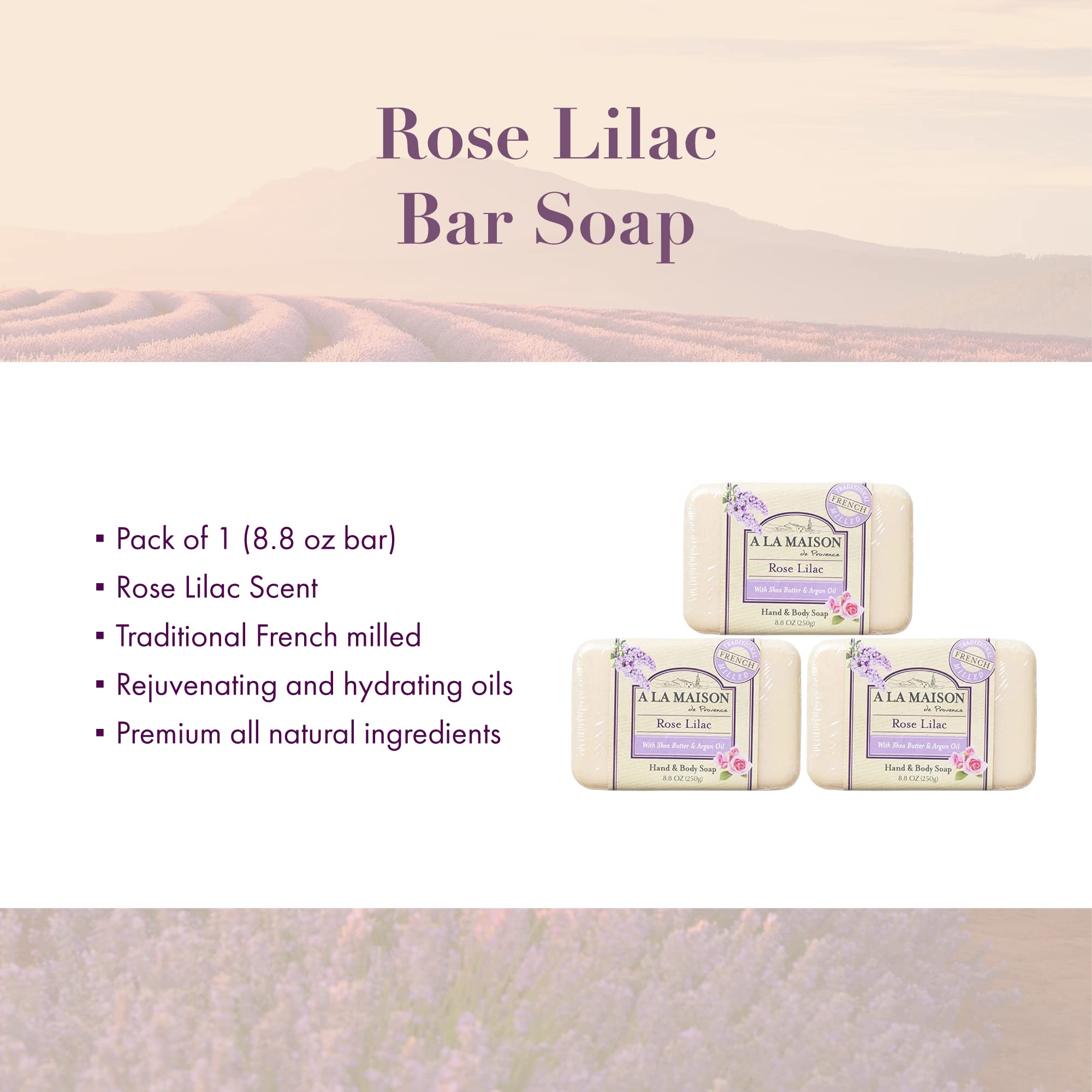 A La Maison Rose Lilac bar soap eco-friendly formula for vegan, cruelty-free skincare.