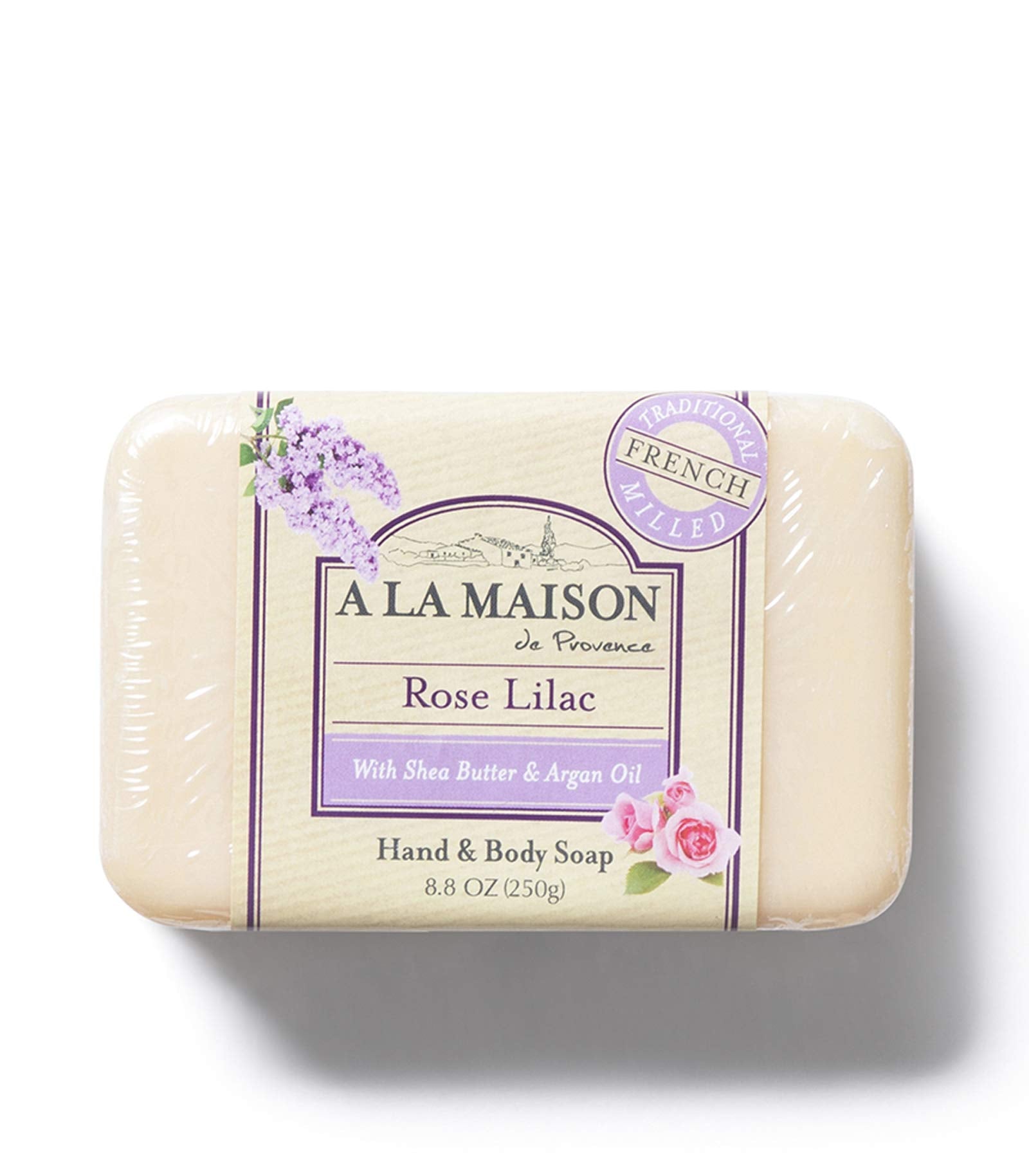 A La Maison Rose Lilac soap in craftsmanship visual, highlighting authentic triple milled quality.