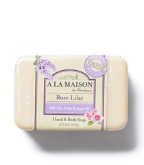A La Maison Rose Lilac soap in craftsmanship visual, highlighting authentic triple milled quality.