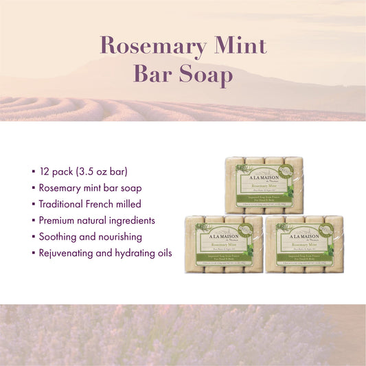 Closeup of the Rosemary Mint bar highlights triple French milled texture for a rich lather.