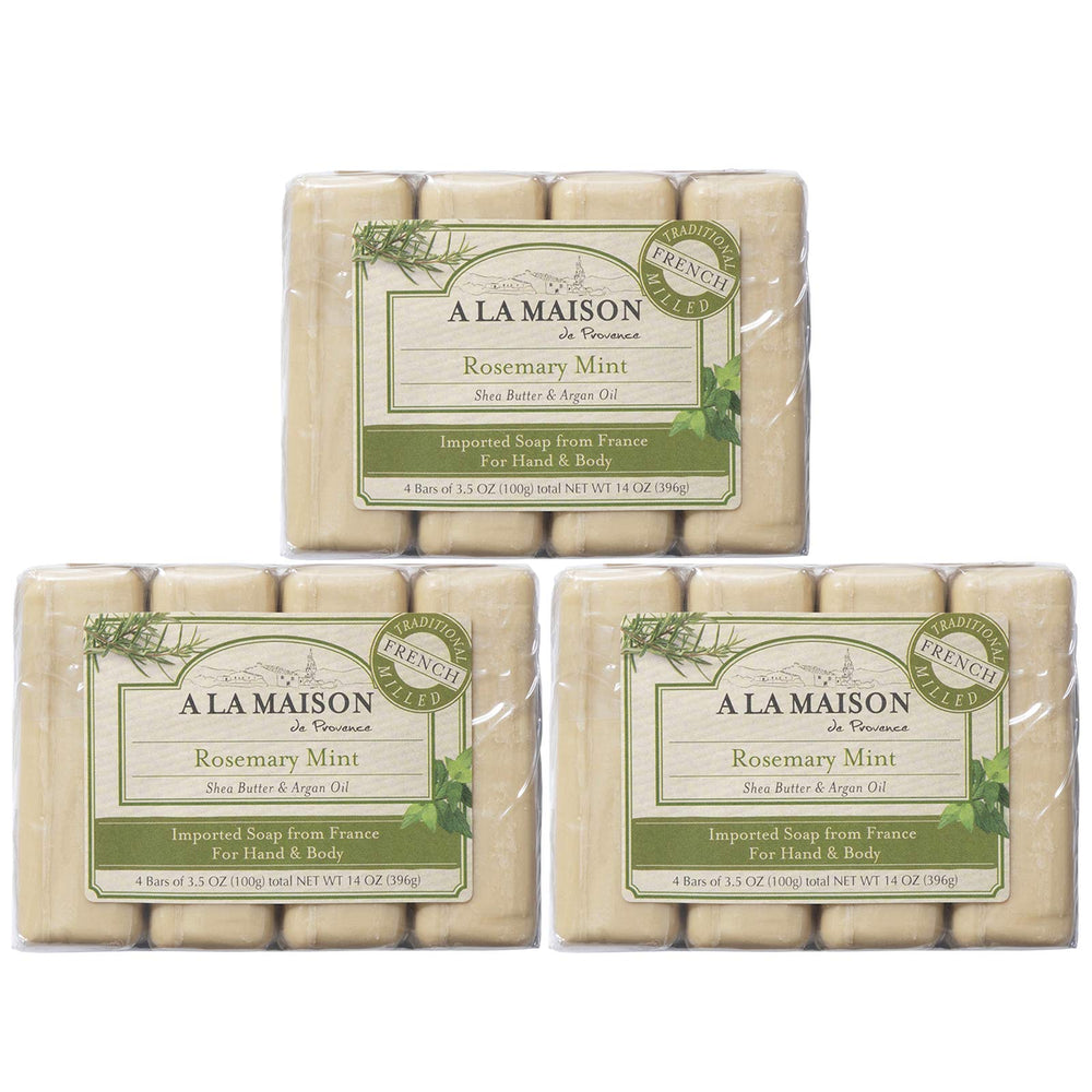 A LA MAISON Rosemary Mint Bar Soap pack shows four bars with natural moisturizing formula.