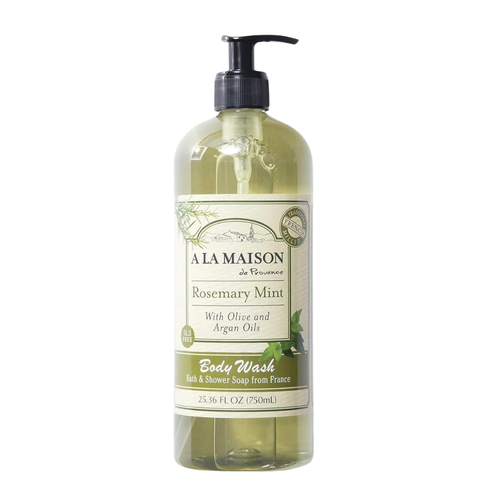A LA MAISON Rosemary Mint Body Wash bottle pour shows a nourishing, rich lather.