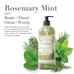 A LA MAISON Rosemary Mint Body Wash lather close-up emphasizes gentle, plant-based cleansing.