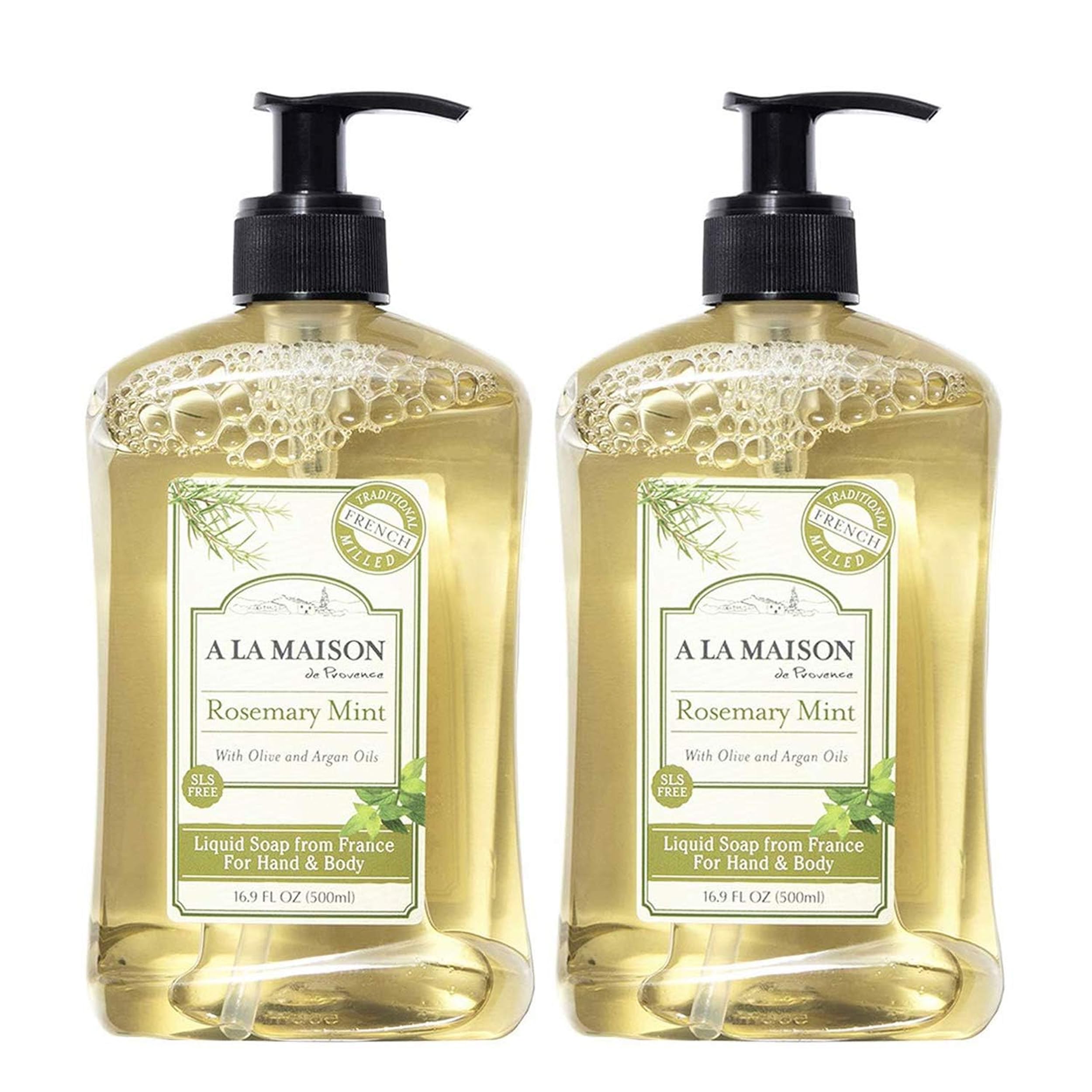 A LA MAISON Rosemary Mint hand soap bottle, elegant French design and soothing aroma for daily washing.
