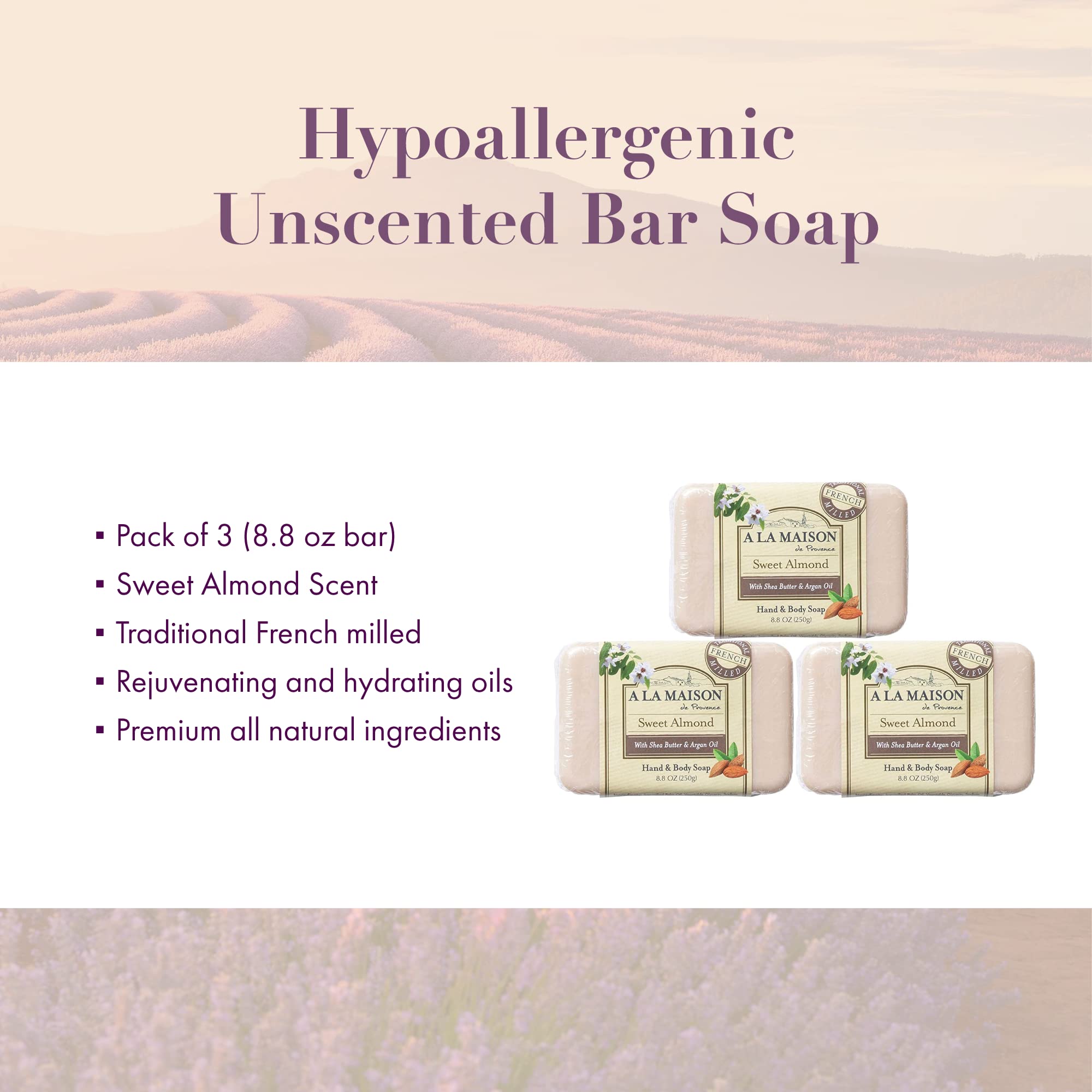 A LA MAISON sweet-almond-bar-soap unwrapped on counter, creamy lather ready.