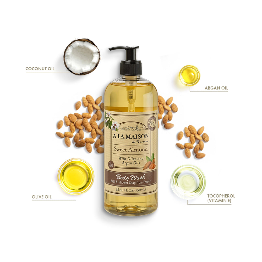 Close-up label of A LA MAISON Sweet Almond wash showing French craftsmanship