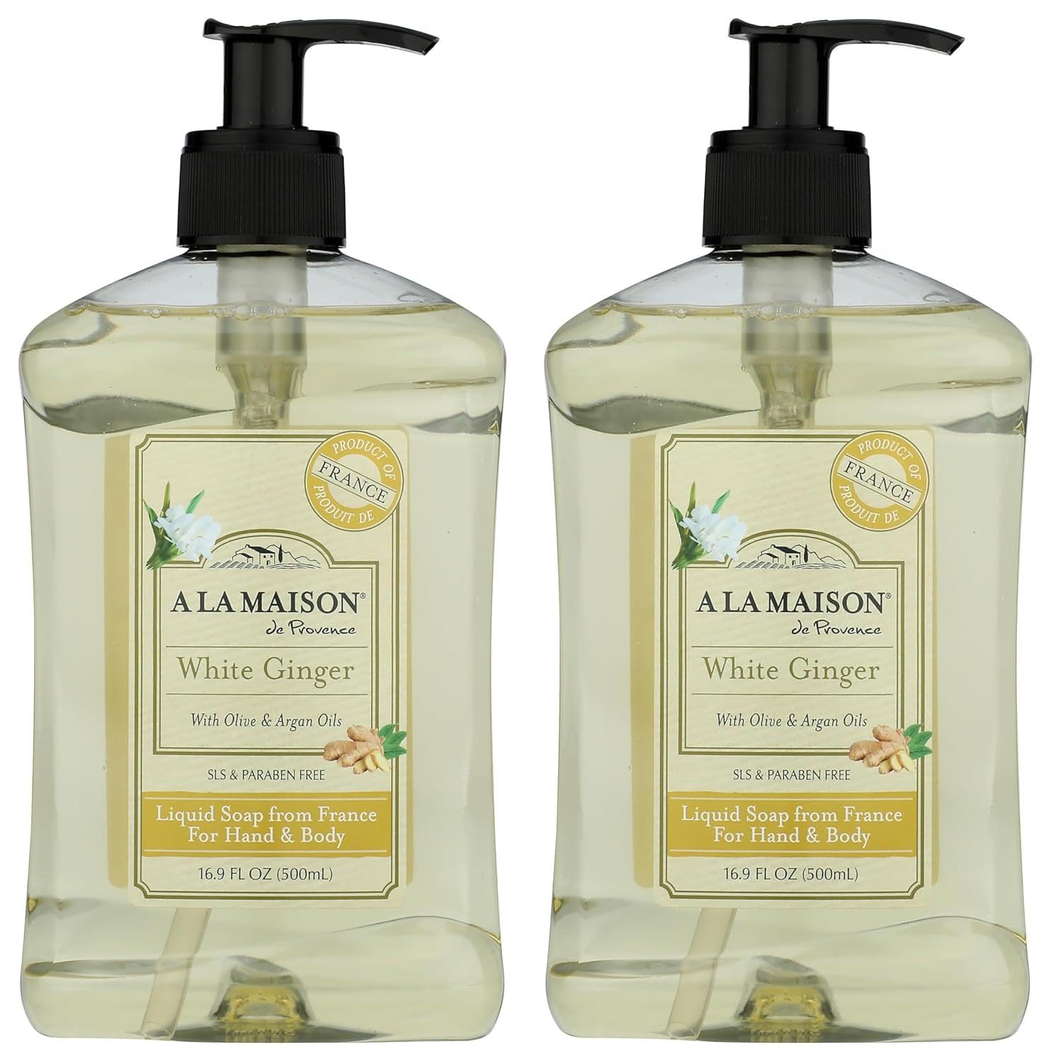 A La Maison White Ginger hand wash bottle 2-pack offering gentle plant-based cleansing
