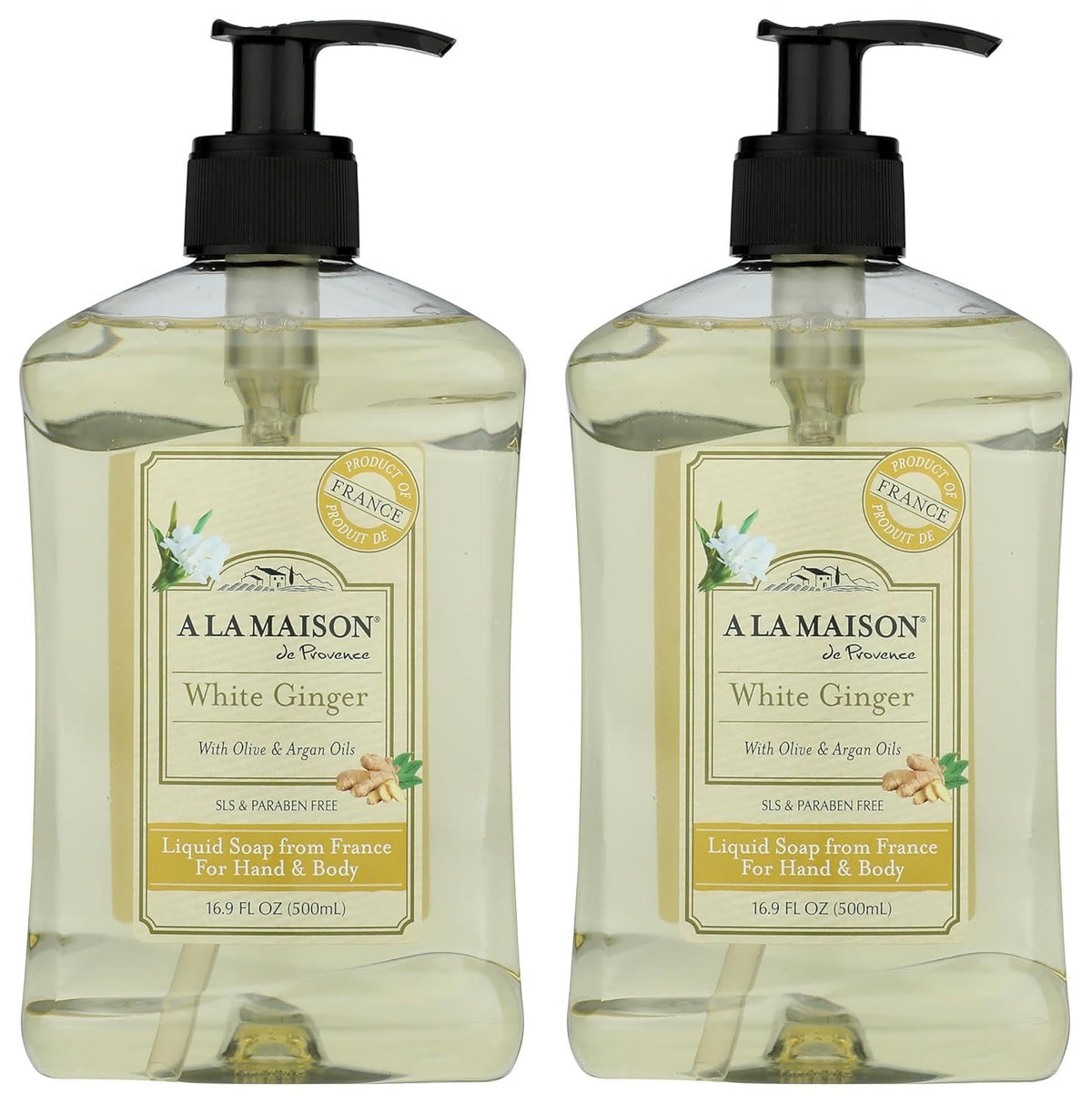 A La Maison White Ginger hand wash bottle 2-pack offering gentle plant-based cleansing