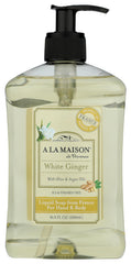 A LA MAISON White Ginger hand wash bottle front view with essential oils.