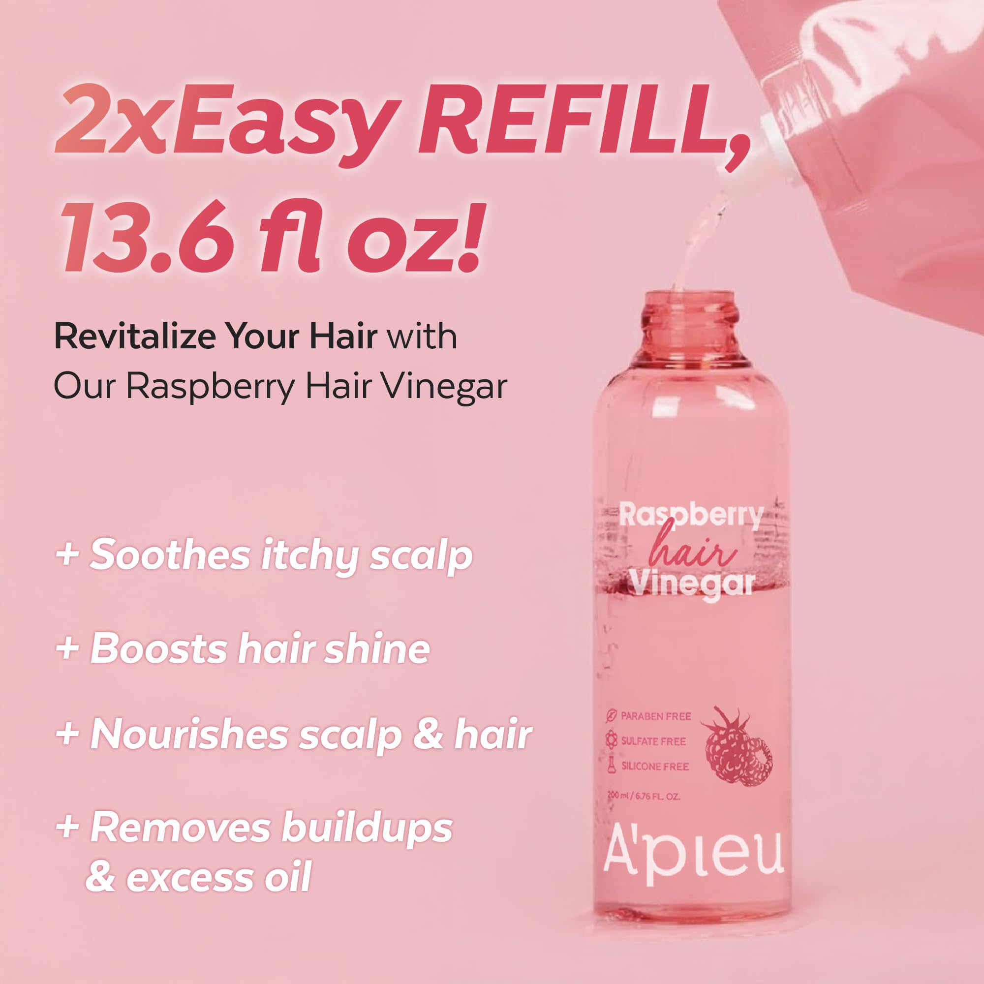Dandruff-control emphasis with Raspberry Hair Vinegar bottle and scalp-friendly design.