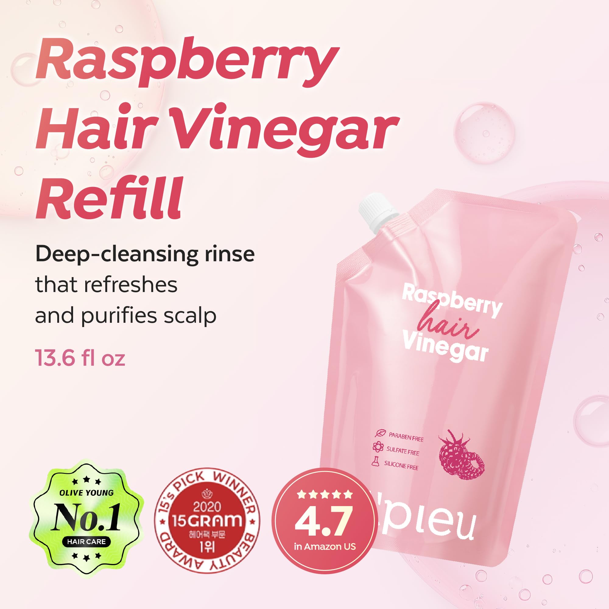 A'PIEU Raspberry Hair Vinegar bottle highlights pH-balanced scalp care for oily hair.