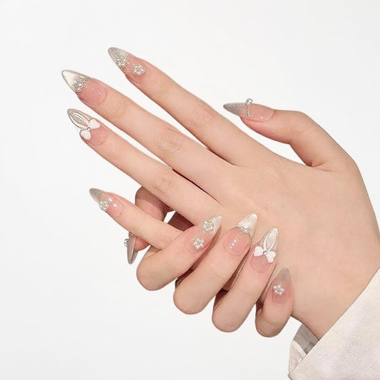 A021 nude gradient cat’s eye nails with pearl bow for elegant weddings