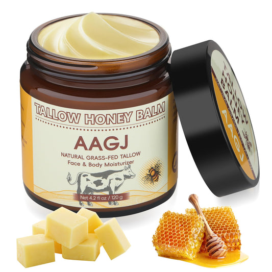 AAGJ Beef Tallow Balm in a jar delivers rich hydration for face and body.