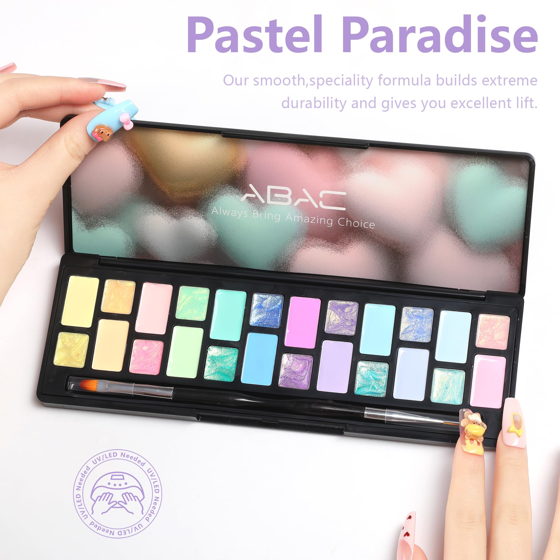 ABAC Pastel Shimmer gel polish bottle highlighting toxin-free, vegan features