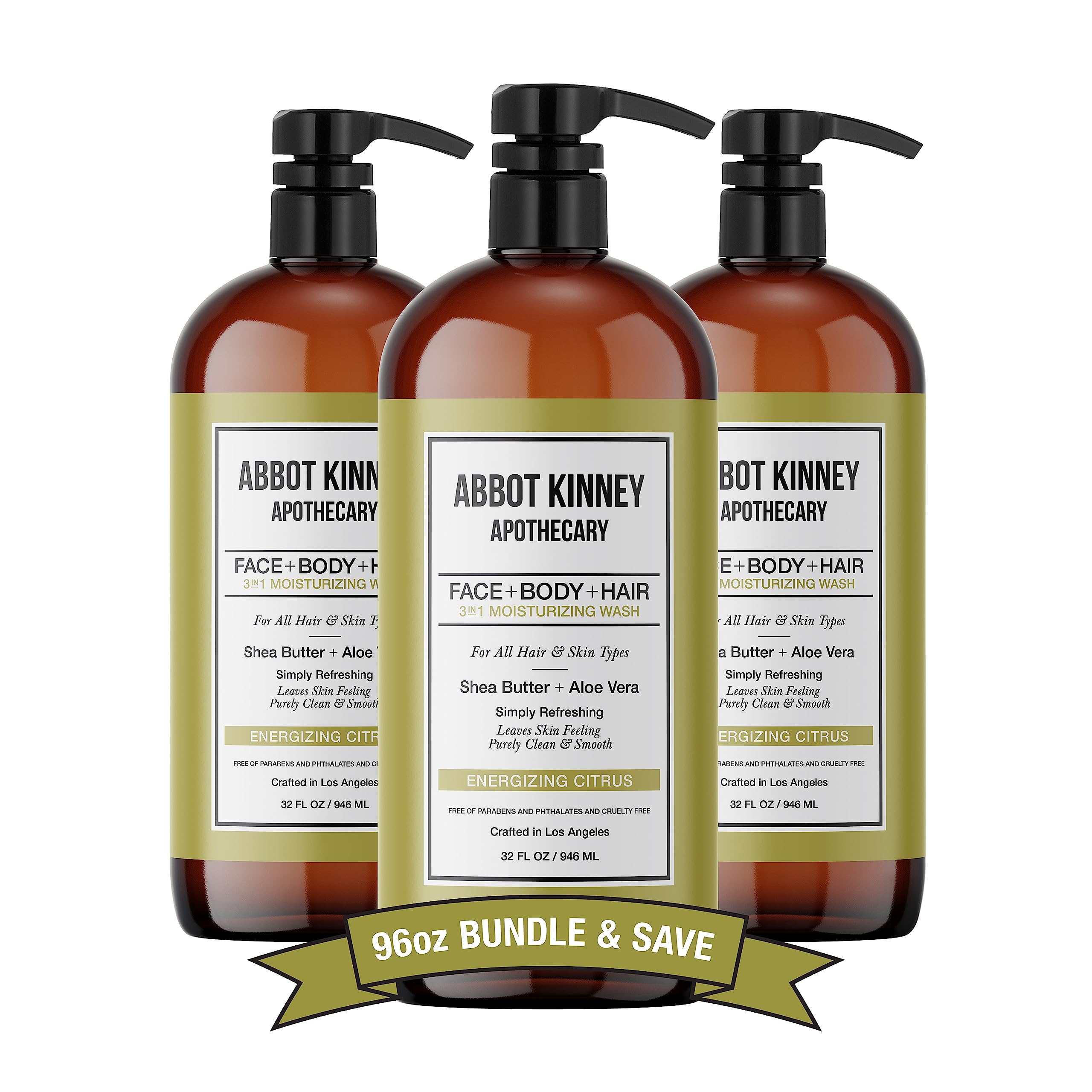 ABBOT KINNEY APOTHECARY 3-in-1 wash bottle front for daily grooming.