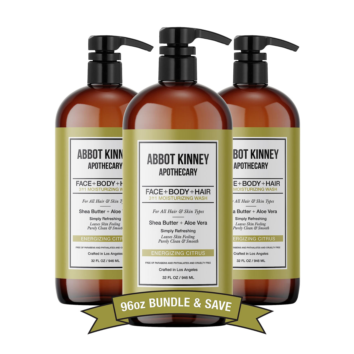 ABBOT KINNEY APOTHECARY 3-in-1 wash bottle front for daily grooming.