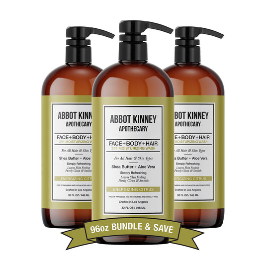 ABBOT KINNEY APOTHECARY 3-in-1 wash bottle front for daily grooming.