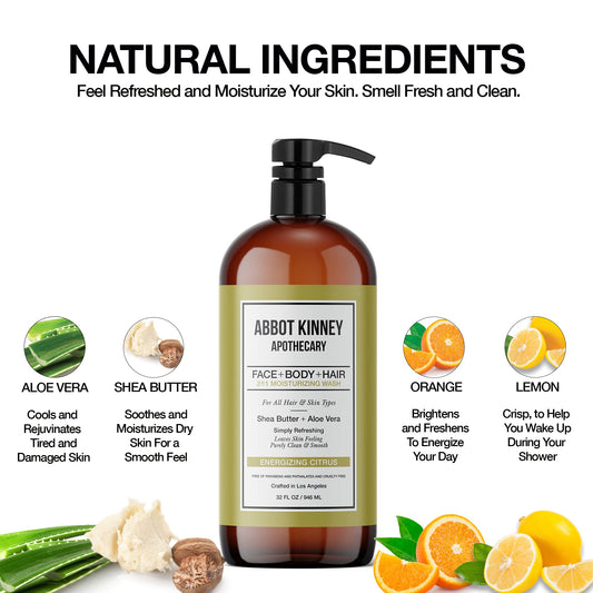 ABBOT KINNEY APOTHECARY 3-in-1 wash lathers smoothly for head-to-toe cleansing.