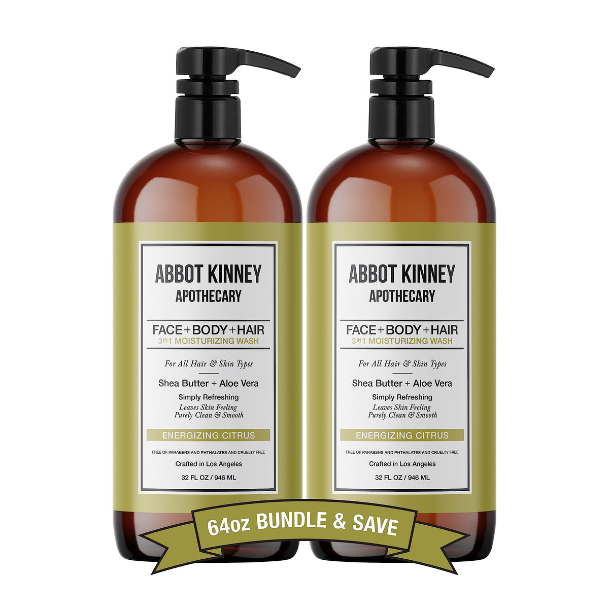 Abbot Kinney Apothecary energizing citrus 3-in-1 wash bottle front for head-to-toe cleansing.