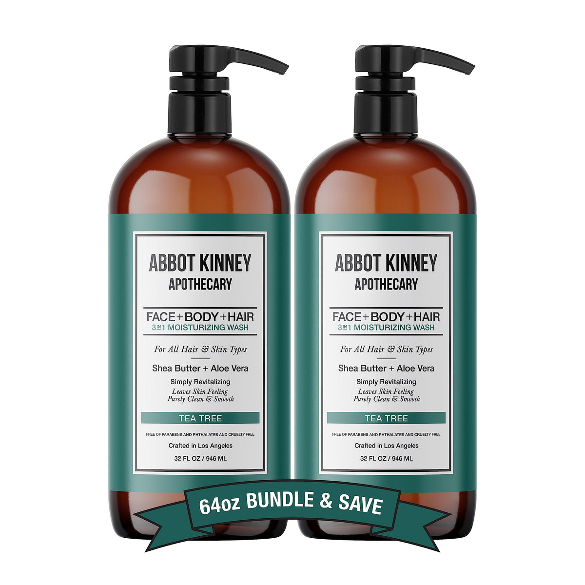 Abbot Kinney Tea Tree 3in1 bottle pump for easy head-to-toe cleansing.