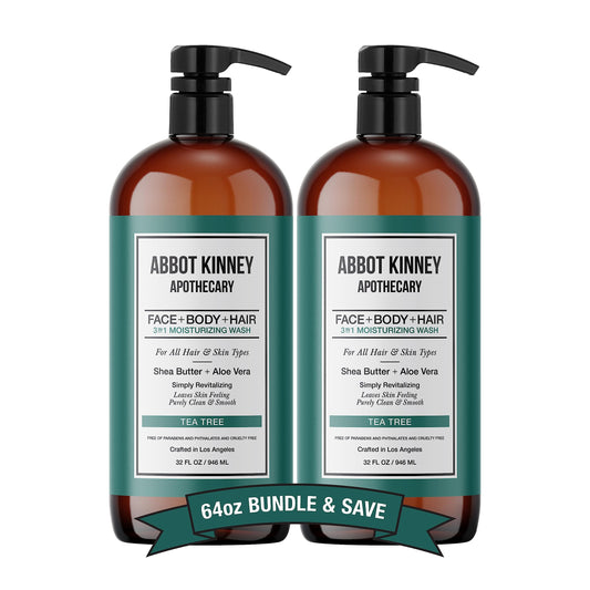 Abbot Kinney Tea Tree 3in1 bottle pump for easy head-to-toe cleansing.
