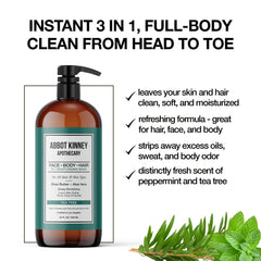 ABBOT KINNEY APOTHECARY Tea Tree 3-in-1 foam, refreshing scent for clean skin and hair.