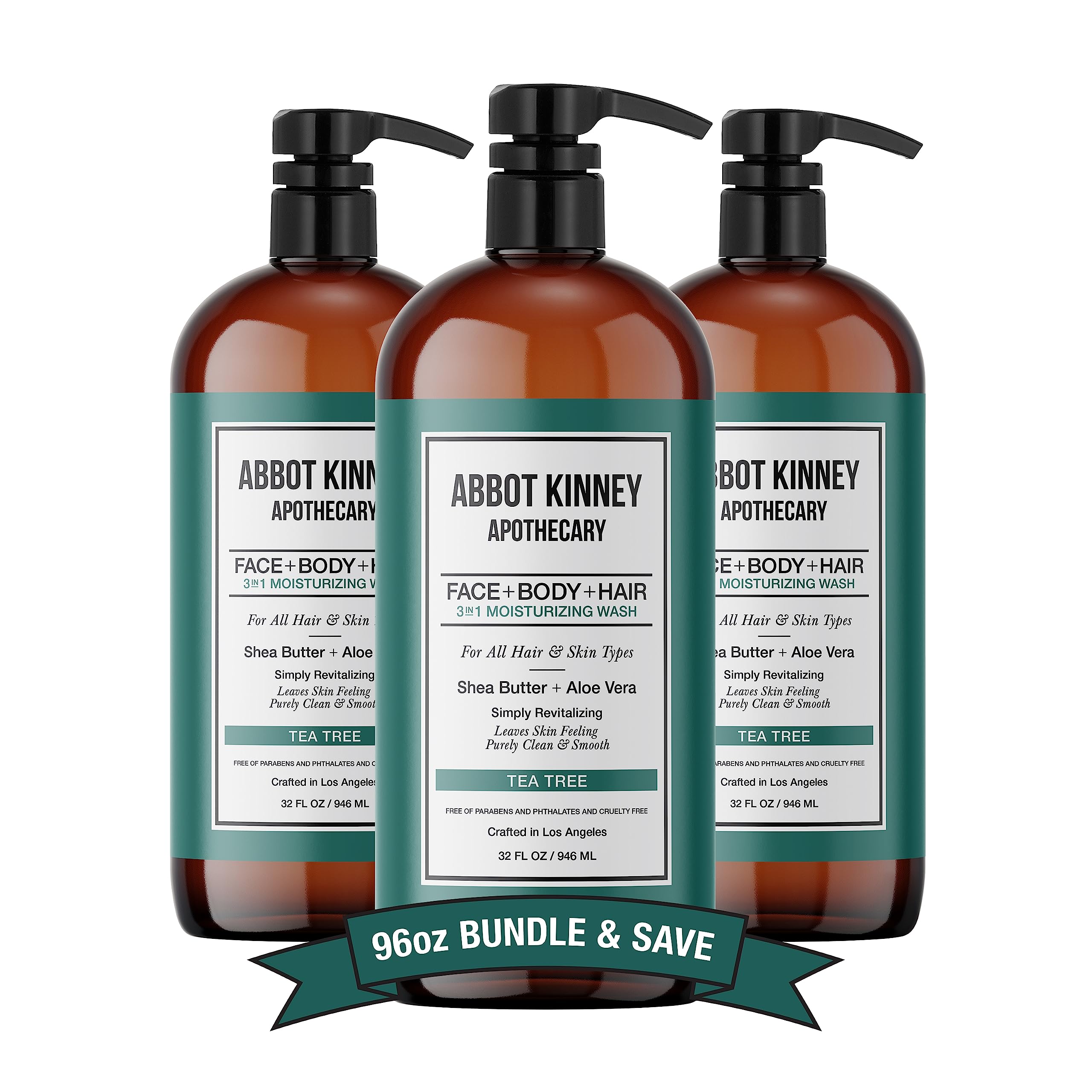 ABBOT KINNEY APOTHECARY Tea Tree 3-in-1 wash pump close-up for convenient head-to-toe cleansing.