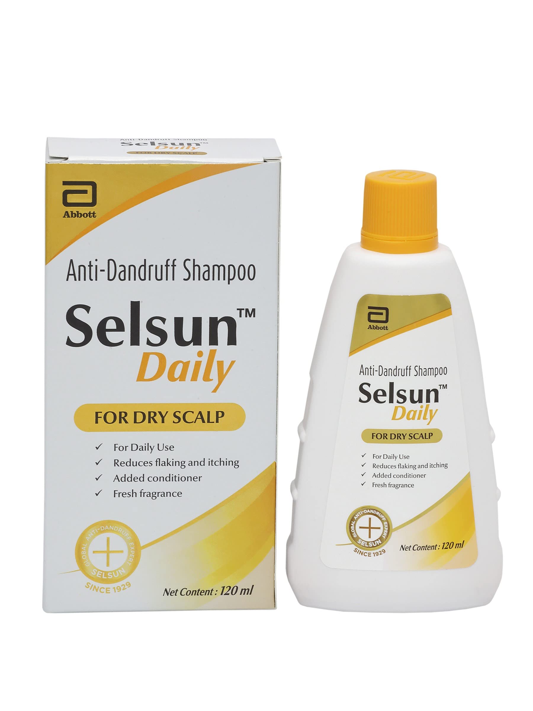 Abbott Selsun Daily shampoo bottle pour action for scalp care.