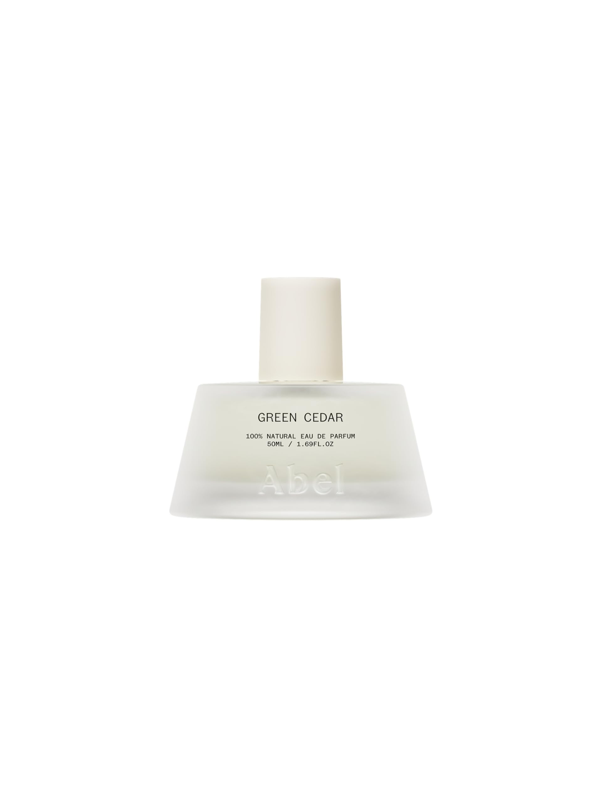 ABEL Green Cedar EDP bottle on a clean surface, natural, long-lasting fragrance.