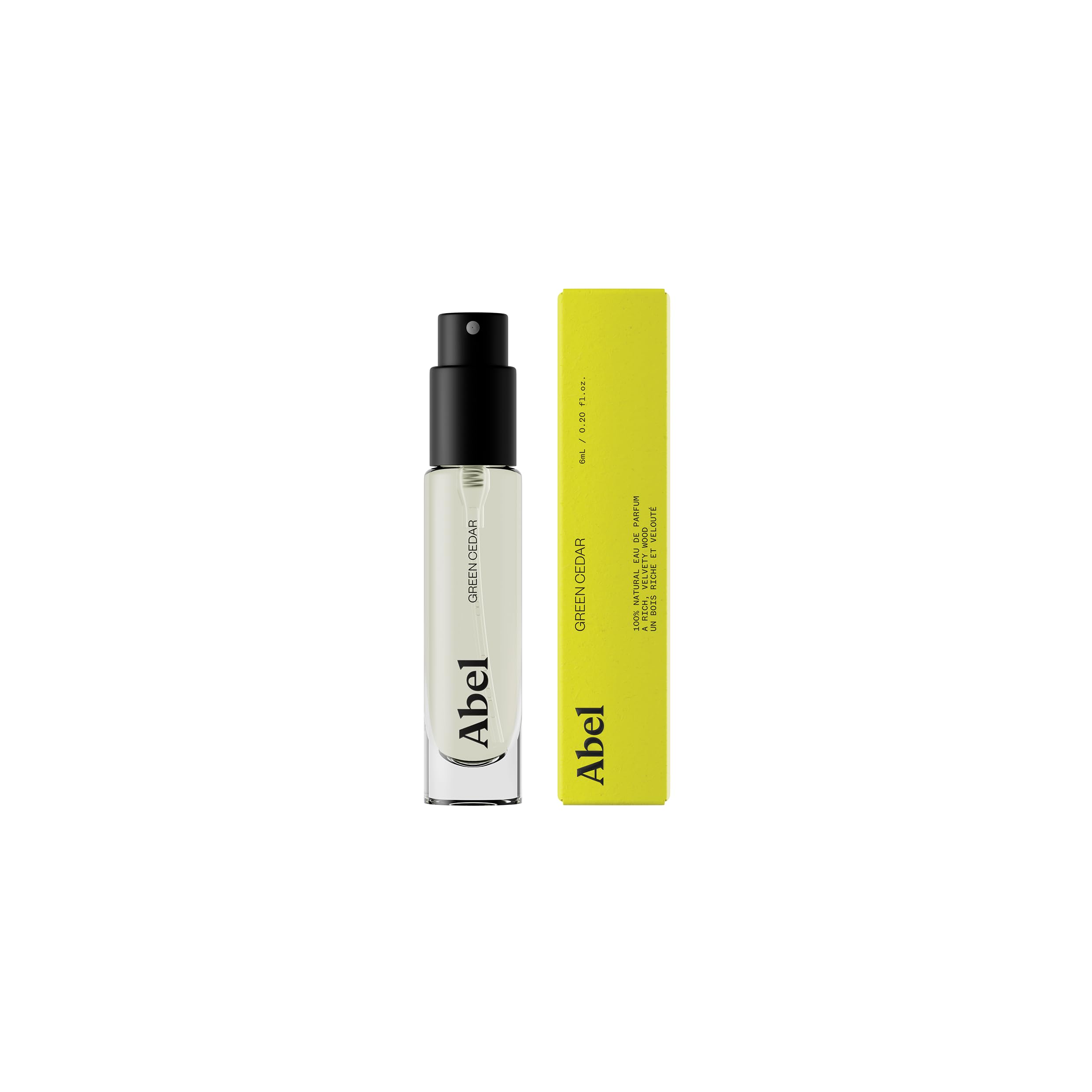 ABEL Green Cedar Mini bottle pour shot suggesting long-lasting aroma on skin