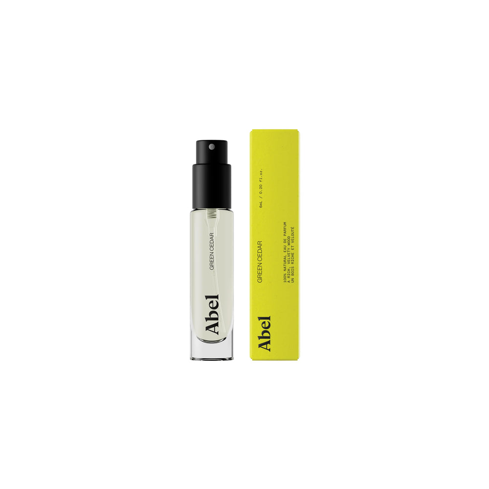 ABEL Green Cedar Mini bottle pour shot suggesting long-lasting aroma on skin